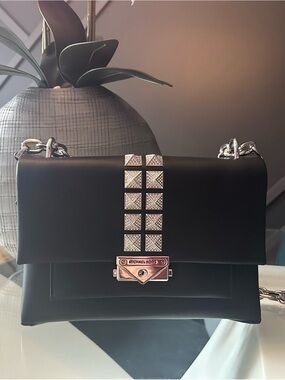 Michael Kors Black Leather Shoulder Bag with Studded Crystal Strap